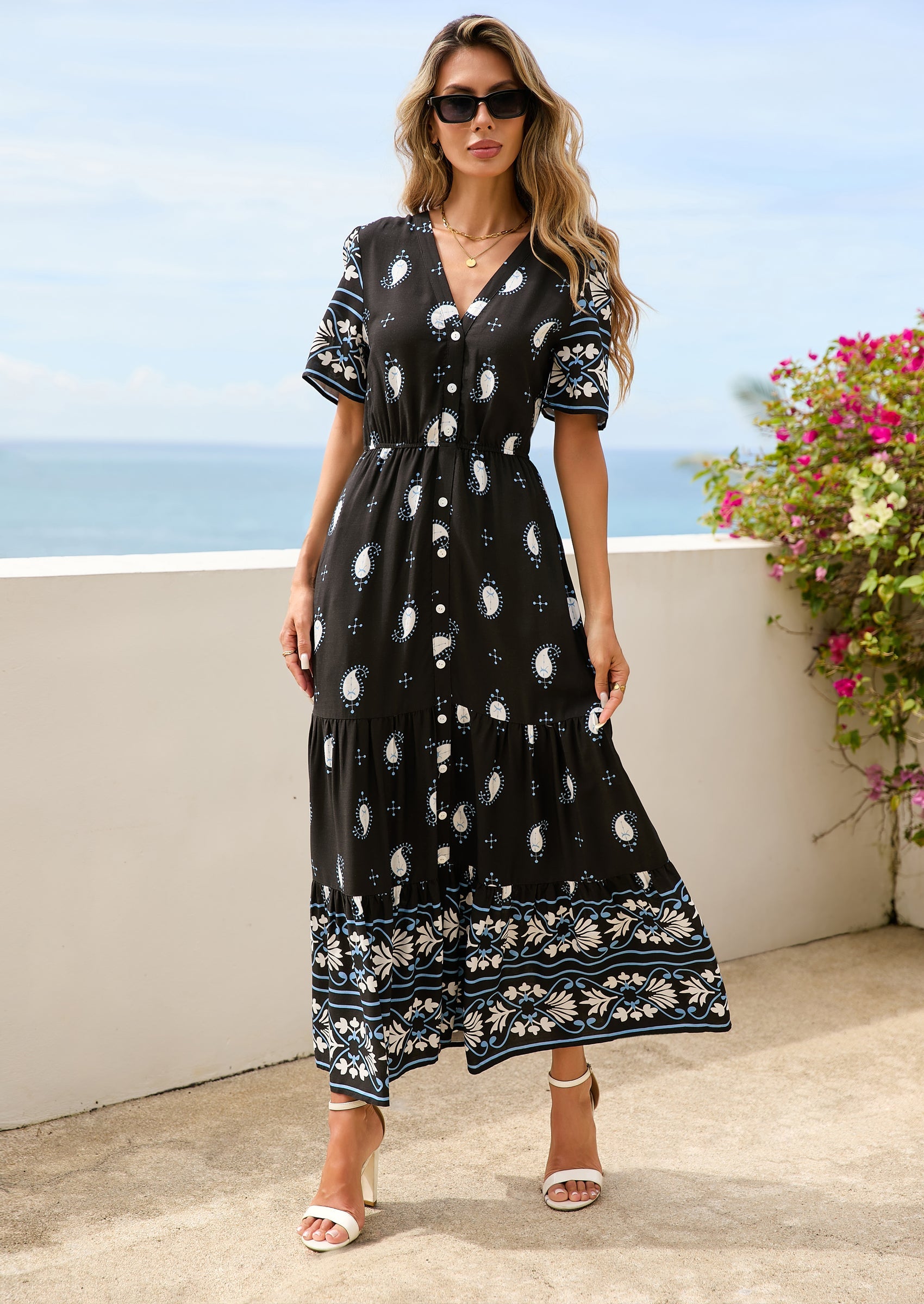 PRETTYGARDEN Womens Summer Boho Maxi Dress Trendy Short Sleeve V Neck Flowy Beach Floral Dresses with Pockets PRETTYGARDEN