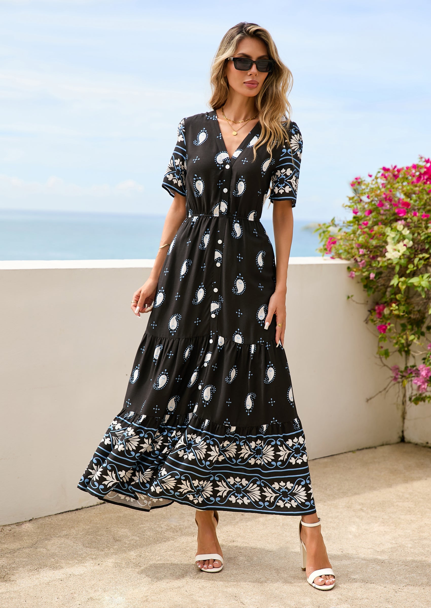 PRETTYGARDEN Womens Summer Boho Maxi Dress Trendy Short Sleeve V Neck Flowy Beach Floral Dresses with Pockets PRETTYGARDEN