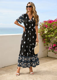 PRETTYGARDEN Womens Summer Boho Maxi Dress Trendy Short Sleeve V Neck Flowy Beach Floral Dresses with Pockets PRETTYGARDEN