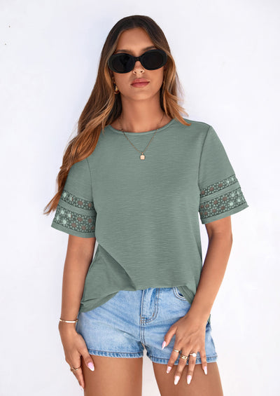 PRETTYGARDEN Summer Tops for Women Lace Short Sleeve T-Shirts Casual Blouses Spring Fashion Clothes Vacation Outfits PRETTYGARDEN