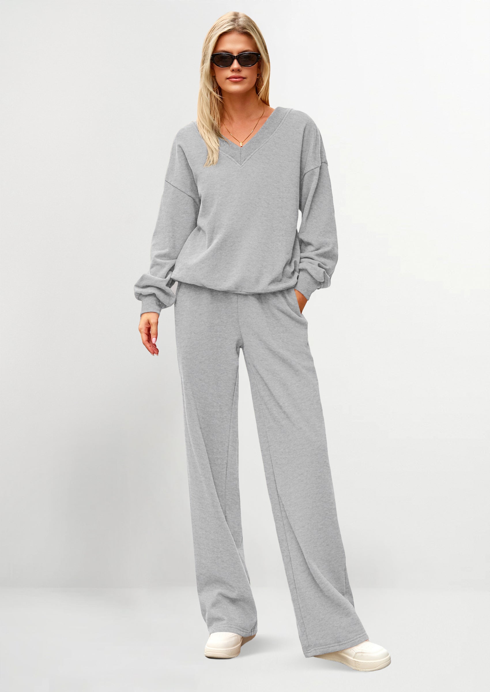 PRETTYGARDEN Casual Winter Two Piece Sets for Women V Neck Sweatshirt Loose Wide Leg Pants Tracksuit Knit Fall Outfits