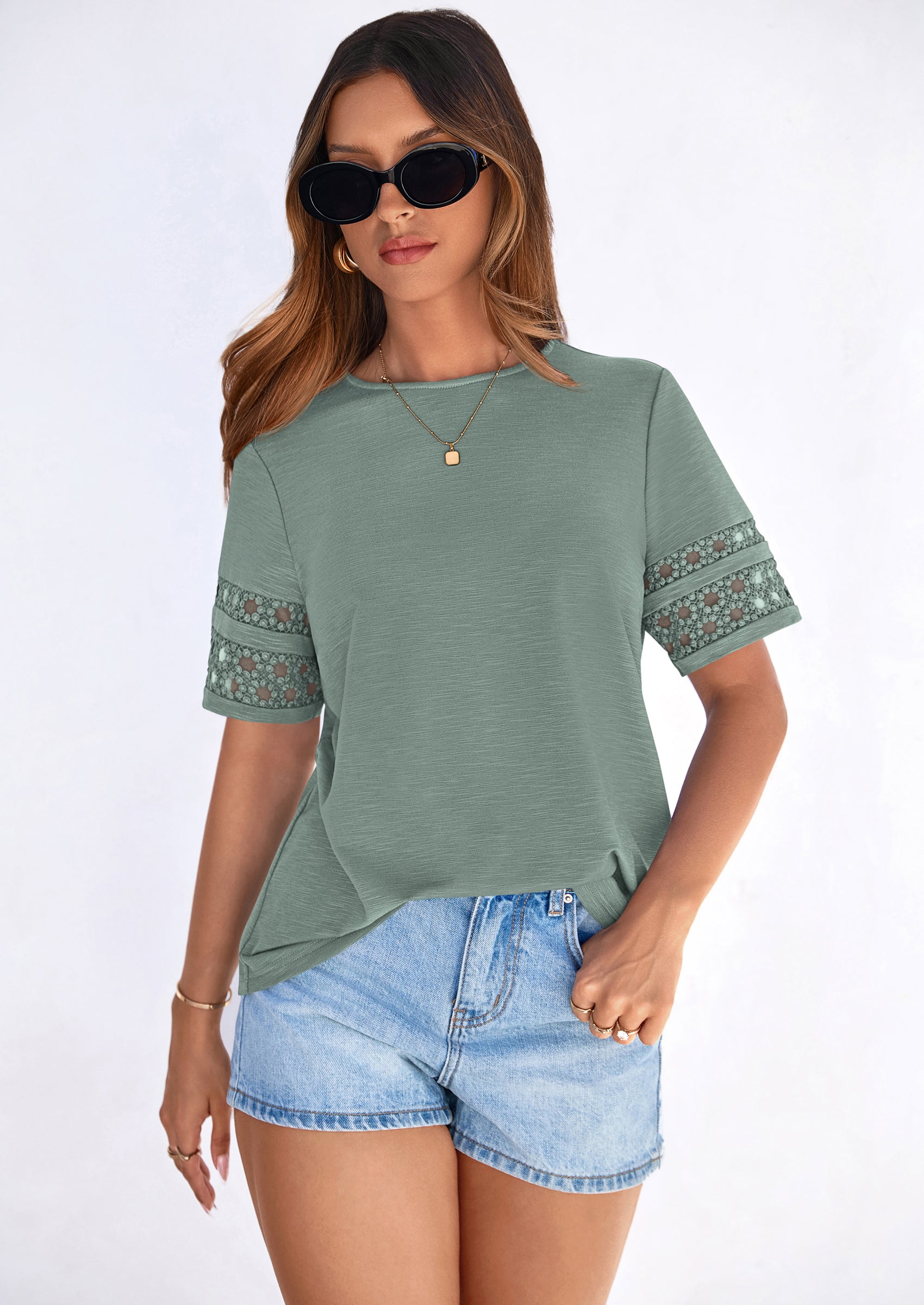 PRETTYGARDEN Summer Tops for Women Lace Short Sleeve T-Shirts Casual Blouses Spring Fashion Clothes Vacation Outfits PRETTYGARDEN