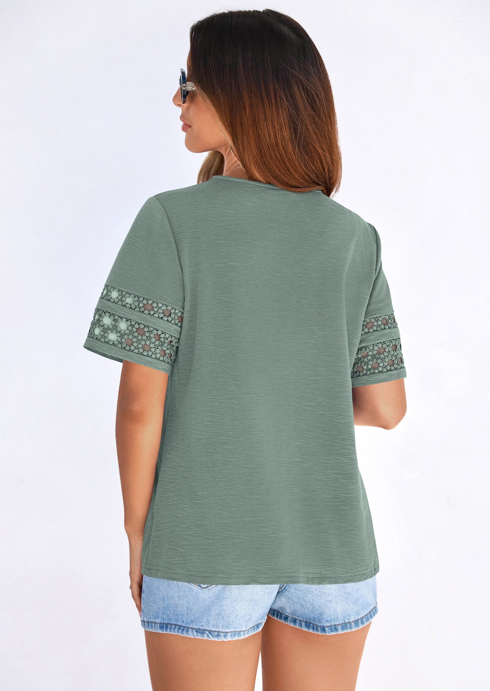 PRETTYGARDEN Summer Tops for Women Lace Short Sleeve T-Shirts Casual Blouses Spring Fashion Clothes Vacation Outfits PRETTYGARDEN