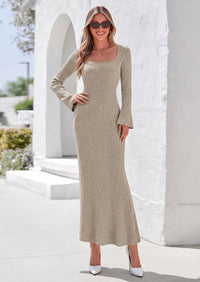PRETTYGARDEN Women's Fall Long Sleeve Maxi Bodycon Dresses | Soft Stretchy Ribbed Knit, Bell Sleeve Square Neck Mermaid, Elegant Long Dress, Wedding Guest Party, 2026 Winter Clothing