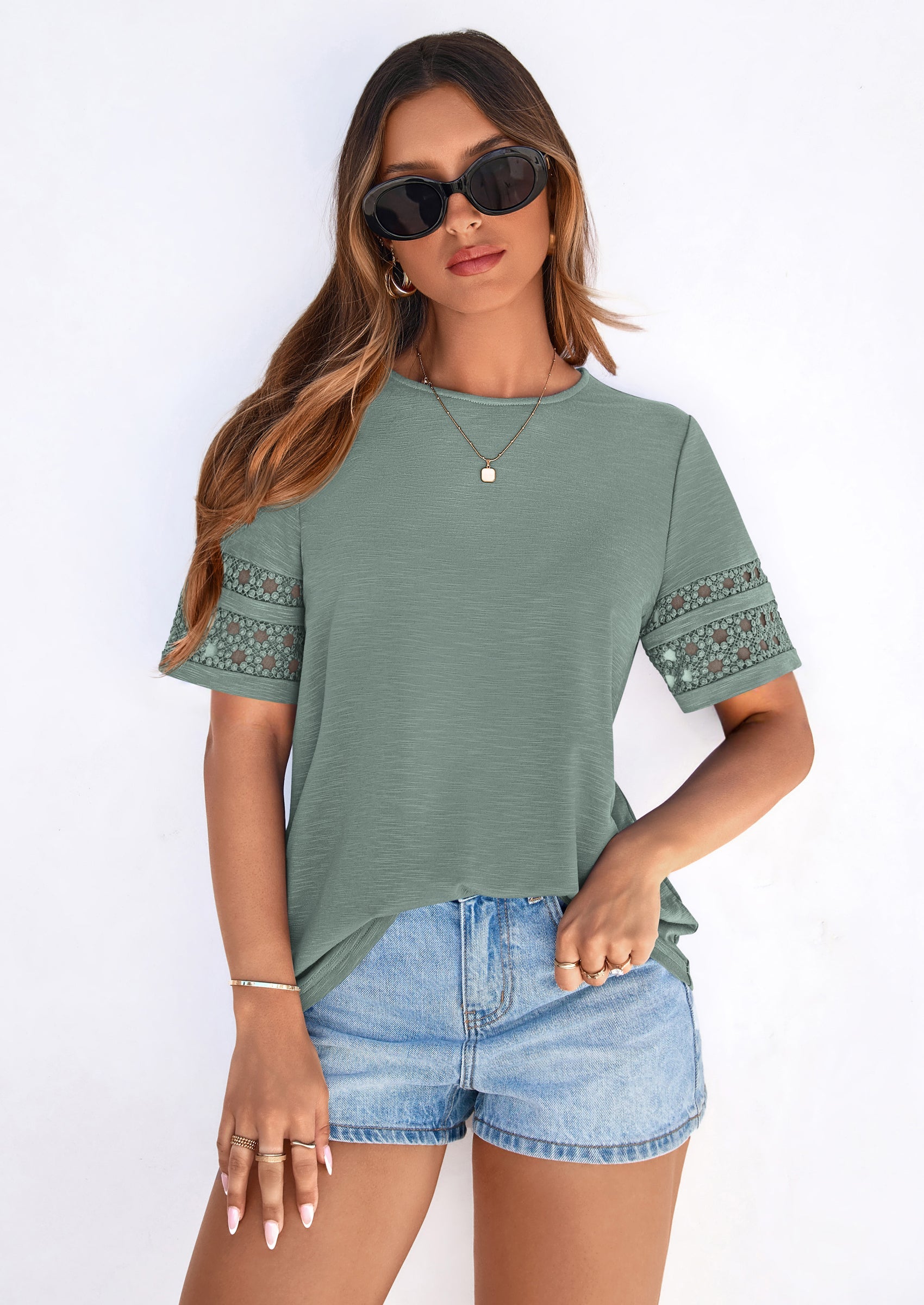 PRETTYGARDEN Summer Tops for Women Lace Short Sleeve T-Shirts Casual Blouses Spring Fashion Clothes Vacation Outfits PRETTYGARDEN