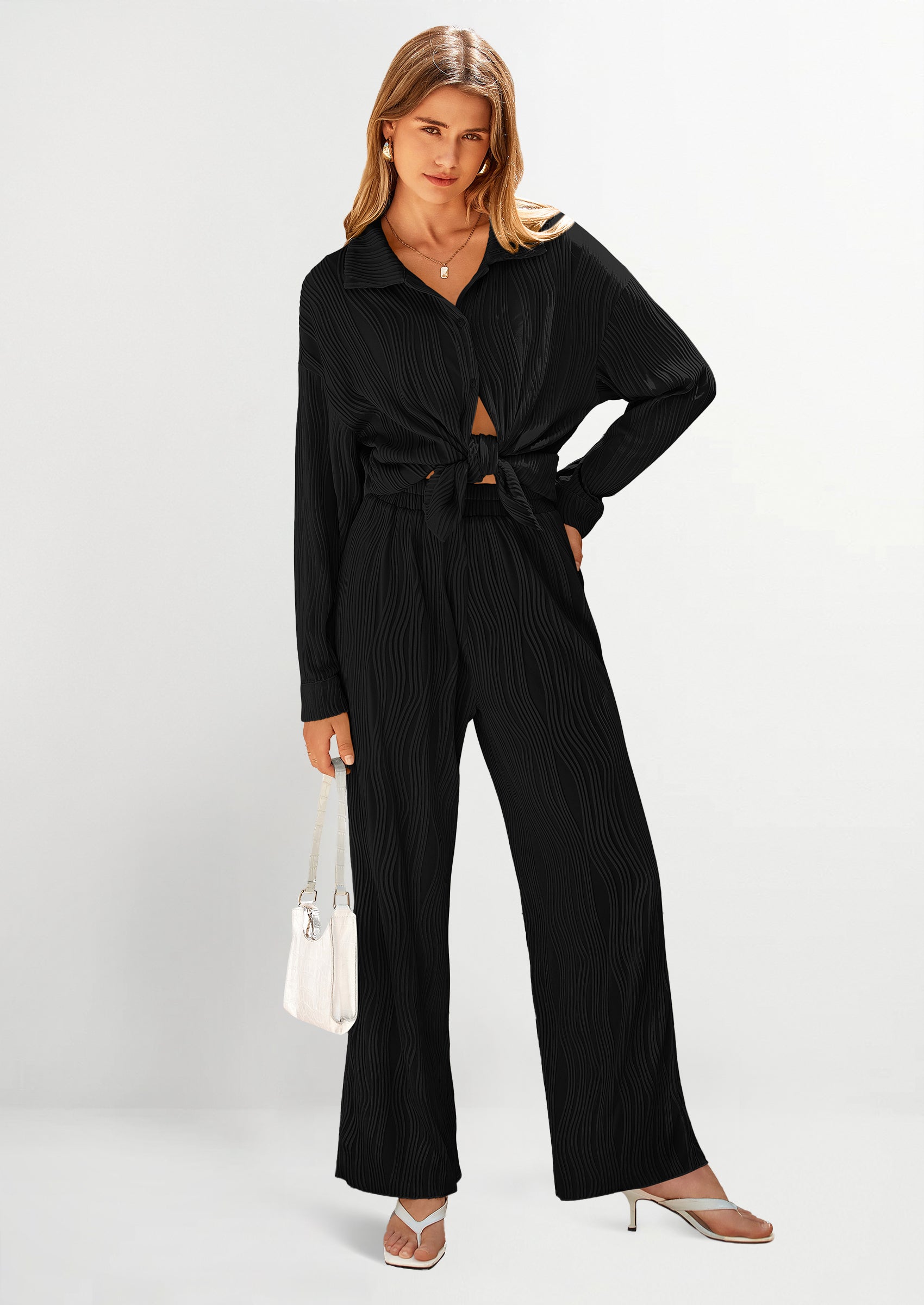 PRETTYGARDEN 2 Piece Textured Sets Casual Button Down Shirt Wide Leg Pants Outfit Loungewear Tracksuit