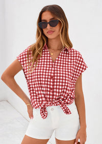 PRETTYGARDEN Womens Button Dwon Shirts V Neck Short Cap Sleeve Collared Plaid Tops Summer Spring Casual Blouses Clothes PRETTYGARDEN