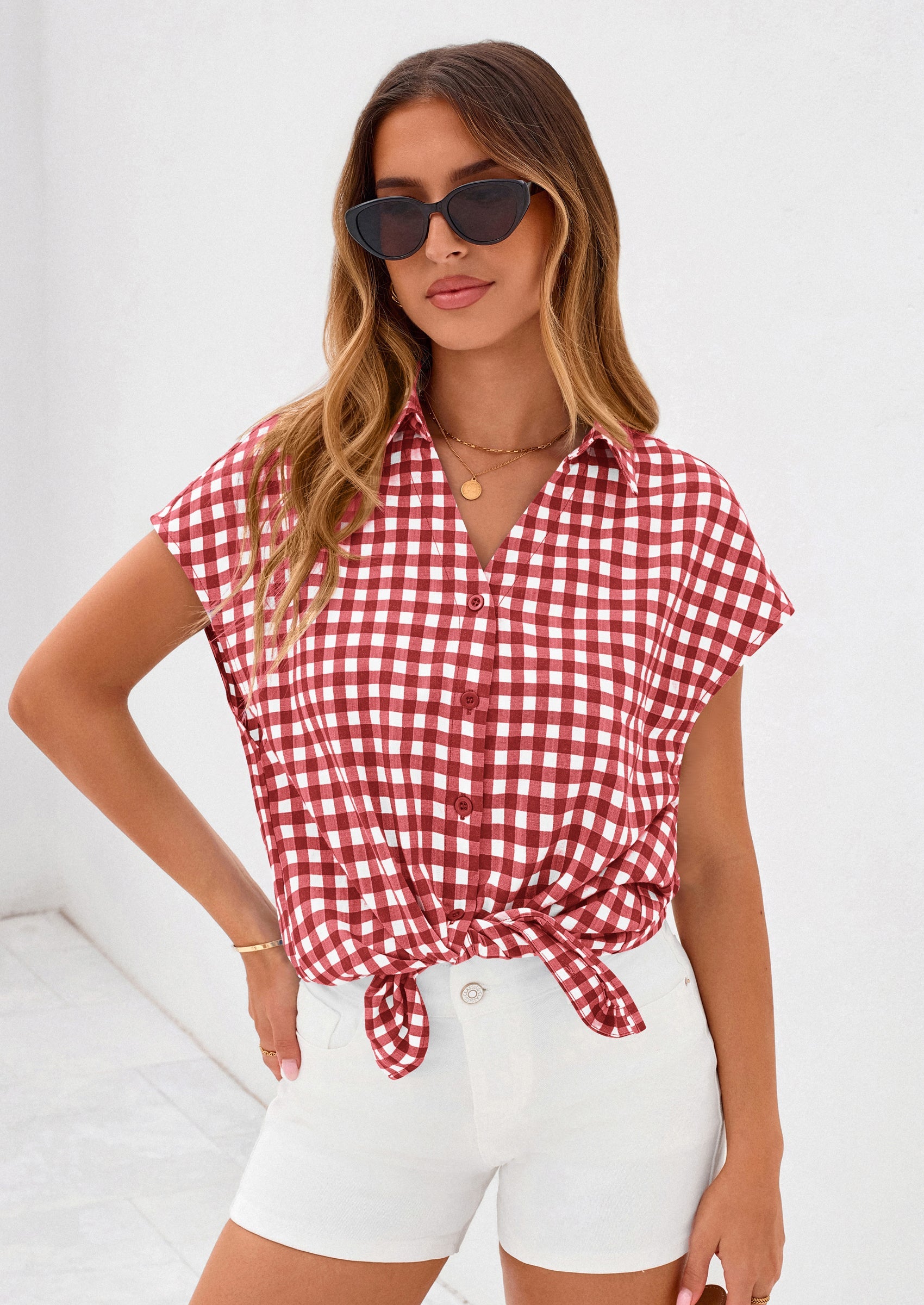 PRETTYGARDEN Womens Button Dwon Shirts V Neck Short Cap Sleeve Collared Plaid Tops Summer Spring Casual Blouses Clothes PRETTYGARDEN