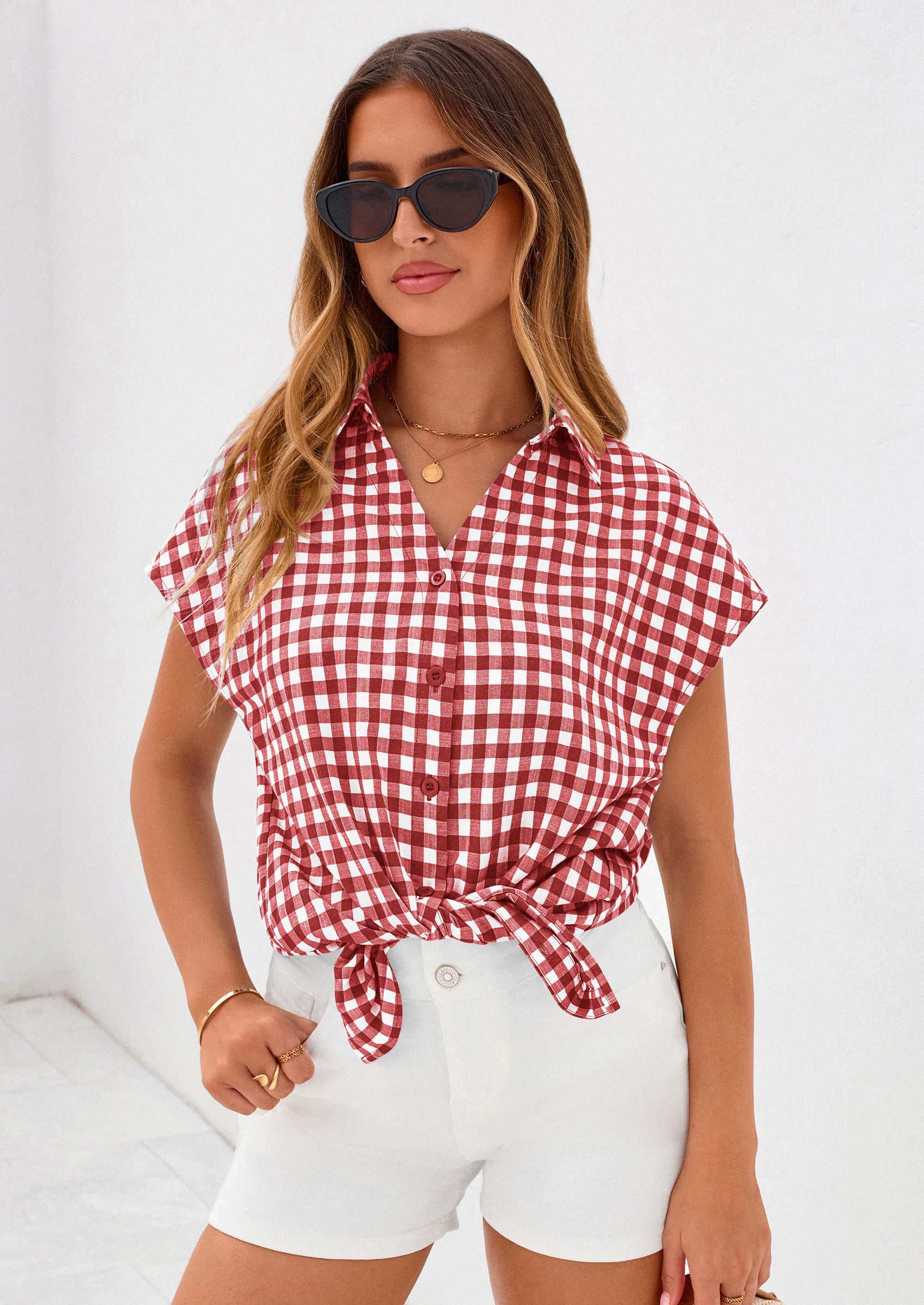 PRETTYGARDEN Womens Button Dwon Shirts V Neck Short Cap Sleeve Collared Plaid Tops Summer Spring Casual Blouses Clothes PRETTYGARDEN