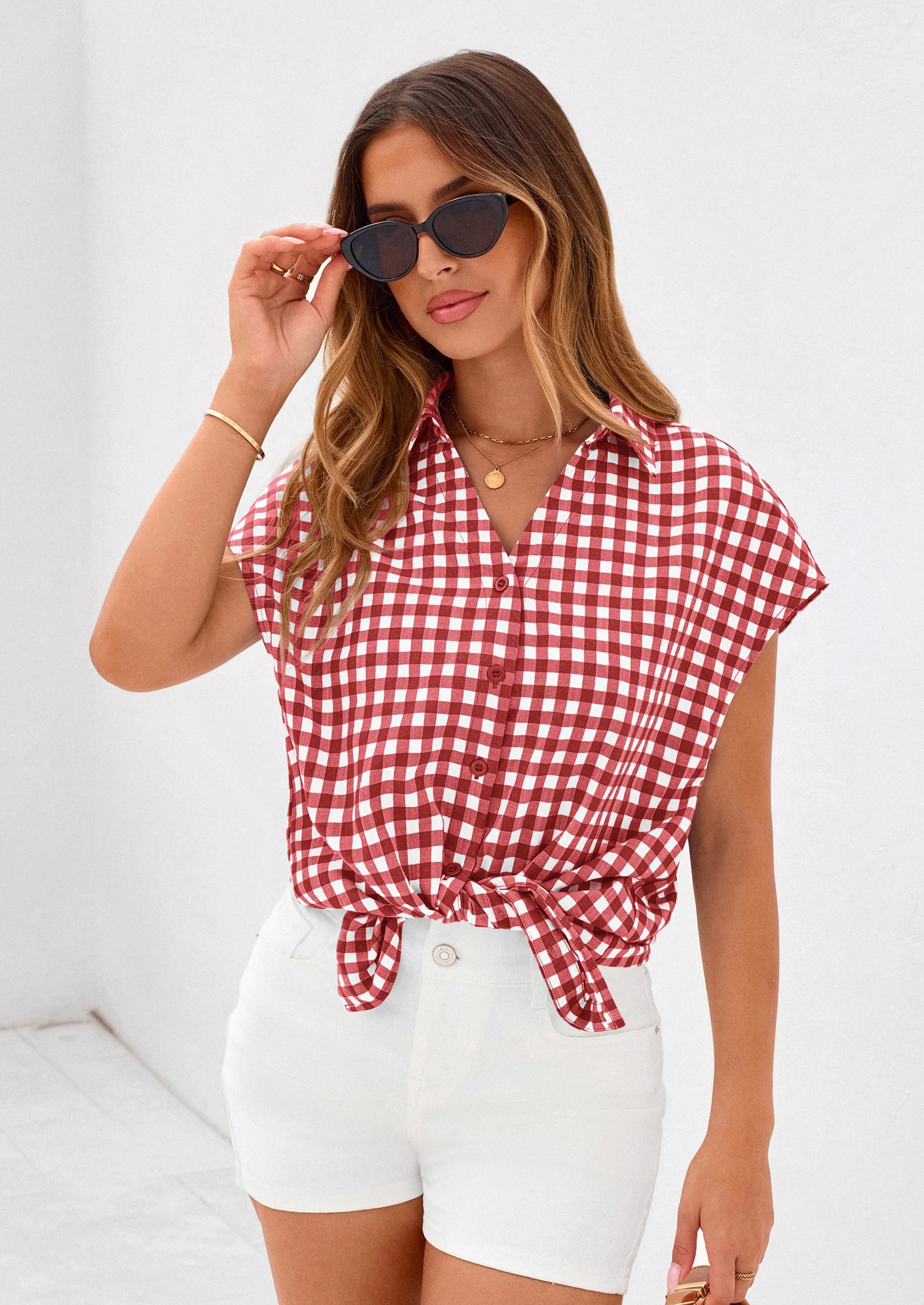 PRETTYGARDEN Womens Button Dwon Shirts V Neck Short Cap Sleeve Collared Plaid Tops Summer Spring Casual Blouses Clothes PRETTYGARDEN
