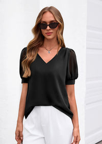 PRETTYGARDEN Womens Tops Dressy Casual Puff Sleeve Chiffon Blouses V Neck Business Work Shirts 2026 Summer Fashion Clothing