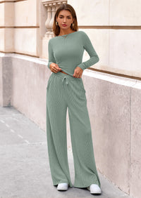 PRETTYGARDEN Women's 2 Piece Lounge Sets Fall Fashion Long Sleeve Crop Top Wide Leg Pants Matching Sets Clothing