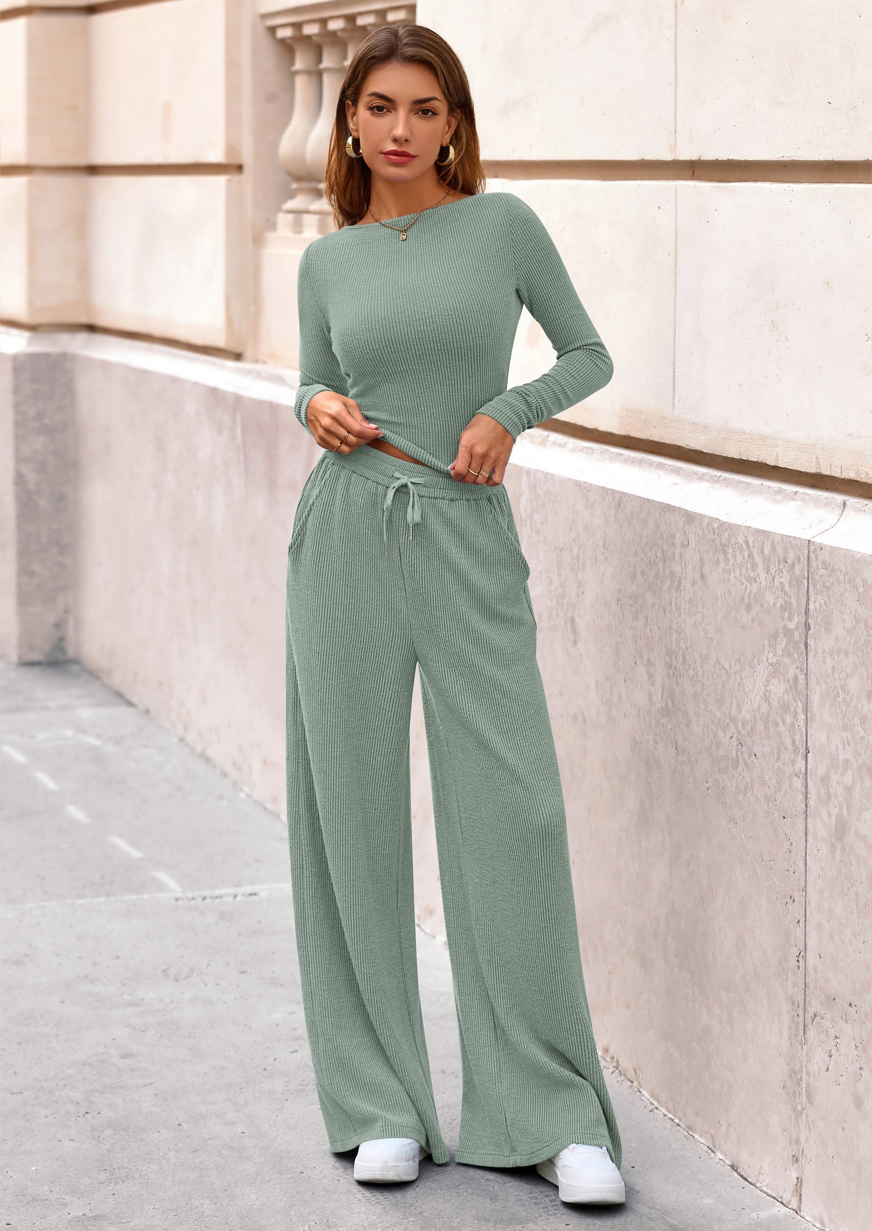 PRETTYGARDEN Women's 2 Piece Lounge Sets Fall Fashion Long Sleeve Crop Top Wide Leg Pants Matching Sets Clothing