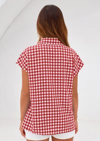 PRETTYGARDEN Womens Button Dwon Shirts V Neck Short Cap Sleeve Collared Plaid Tops Summer Spring Casual Blouses Clothes PRETTYGARDEN