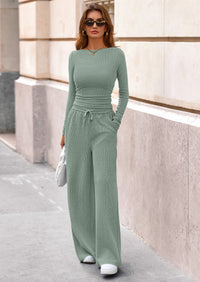 PRETTYGARDEN Women's 2 Piece Lounge Sets Fall Fashion Long Sleeve Crop Top Wide Leg Pants Matching Sets Clothing