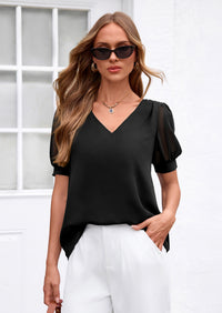 PRETTYGARDEN Womens Tops Dressy Casual Puff Sleeve Chiffon Blouses V Neck Business Work Shirts 2026 Summer Fashion Clothing