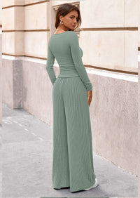 PRETTYGARDEN Women's 2 Piece Lounge Sets Fall Fashion Long Sleeve Crop Top Wide Leg Pants Matching Sets Clothing