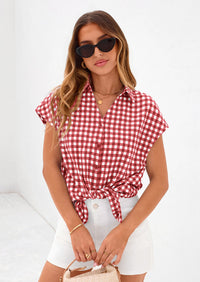 PRETTYGARDEN Womens Button Dwon Shirts V Neck Short Cap Sleeve Collared Plaid Tops Summer Spring Casual Blouses Clothes PRETTYGARDEN