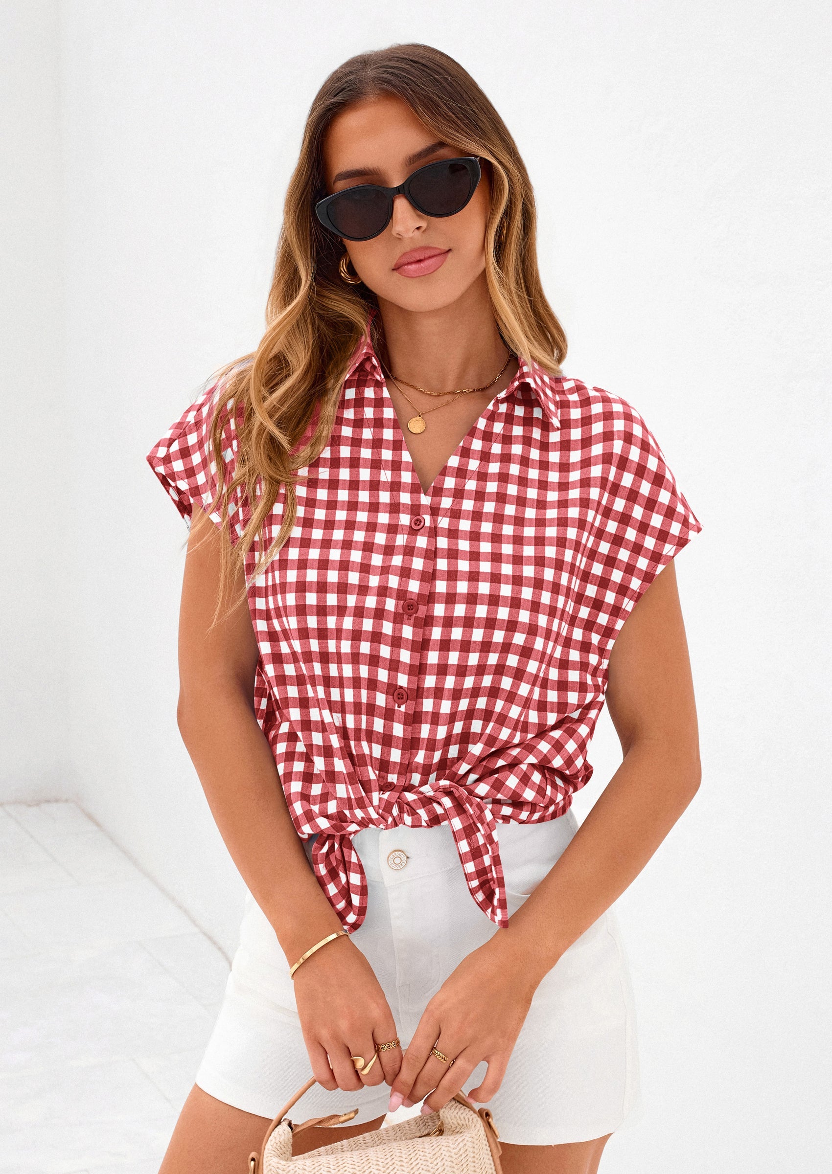 PRETTYGARDEN Womens Button Dwon Shirts V Neck Short Cap Sleeve Collared Plaid Tops Summer Spring Casual Blouses Clothes PRETTYGARDEN