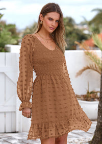 BTFBM Spring Dresses for Women 2026 Long Sleeve Casual V Neck Swiss Dot Smocked Ruffle Chiffon Flowy Mini Summer Dress PRETTYGARDEN