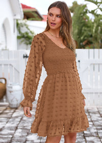 BTFBM Spring Dresses for Women 2026 Long Sleeve Casual V Neck Swiss Dot Smocked Ruffle Chiffon Flowy Mini Summer Dress PRETTYGARDEN