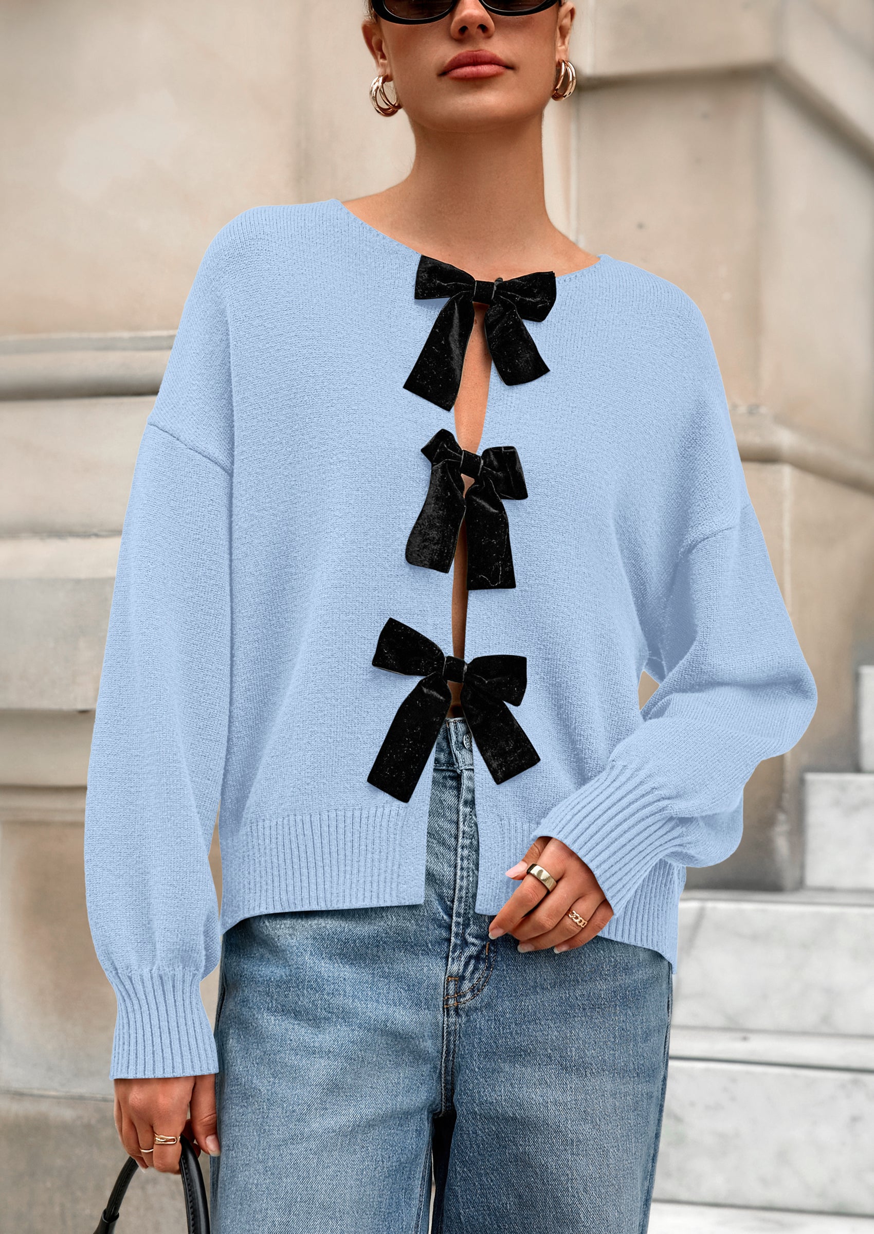 PRETTYGARDEN Cardigan Sweaters for Women Fall Bow Tie Front Long Sleeve Knit Sweater Tops Cute Going Out Outfits