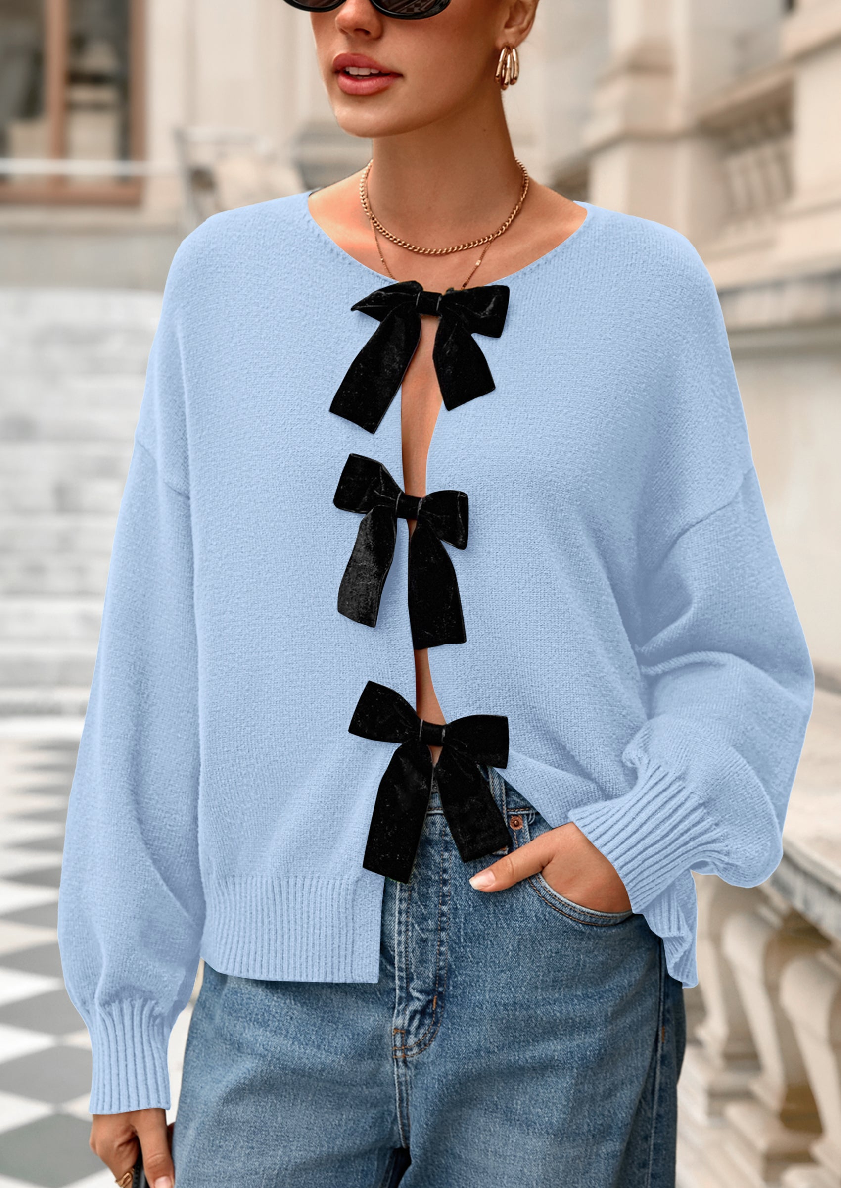 PRETTYGARDEN Cardigan Sweaters for Women Fall Bow Tie Front Long Sleeve Knit Sweater Tops Cute Going Out Outfits