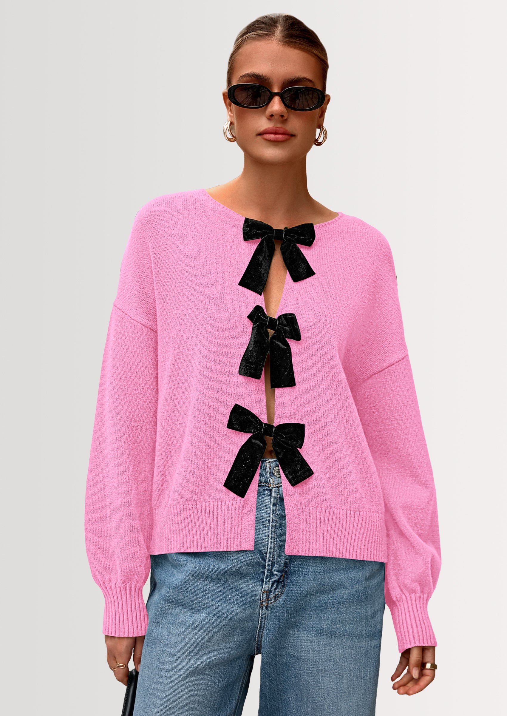 PRETTYGARDEN Cardigan Sweaters for Women Fall Bow Tie Front Long Sleeve Knit Sweater Tops Cute Going Out Outfits