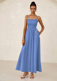 PRETTYGARDEN Women's Smocked Maxi Dresses Beach Sundress Casual Spaghetti Strap Swing A Line Long Flowy Dress