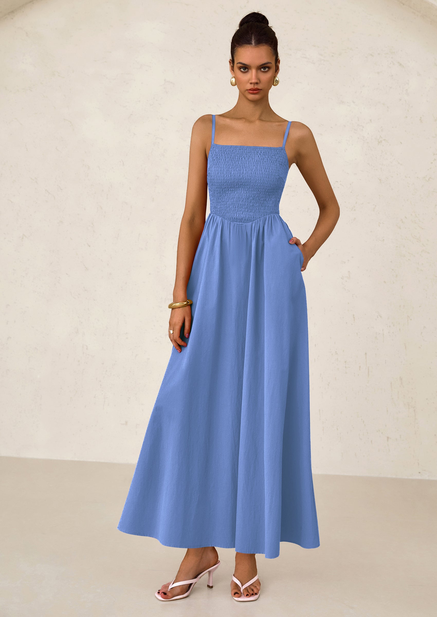 PRETTYGARDEN Women's Smocked Maxi Dresses Beach Sundress Casual Spaghetti Strap Swing A Line Long Flowy Dress