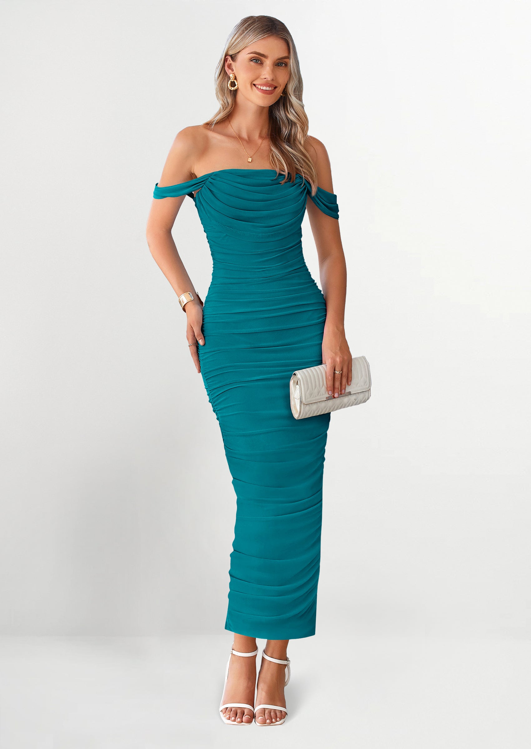 PRETTYGARDEN Womens Off The Shoulder Dress Ruched Bodycon Sleeveless Split Cocktail Party Maxi Dresses