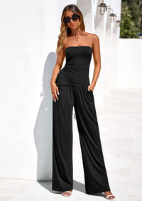 PRETTYGARDEN Summer Sets Women 2 Piece Outfits Asymmetrical Tube Tops and Pants Beach Vacation Airport Matching Lounge Set PRETTYGARDEN