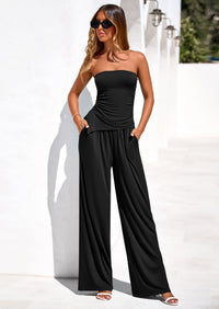 PRETTYGARDEN Summer Sets Women 2 Piece Outfits Asymmetrical Tube Tops and Pants Beach Vacation Airport Matching Lounge Set PRETTYGARDEN