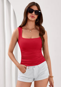 PRETTYGARDEN Tank Top for Women Summer Sleeveless Square Neck Double Lined Ruched Crop Tops Spring Going Out Y2k Clothes PRETTYGARDEN