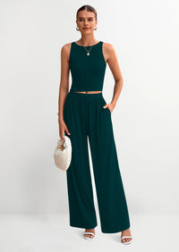 PRETTYGARDEN Two Piece Sets Ribbed Knit Crew Neck Sleeveless Tank Tops Wide Leg Pants Casual Lounge Set