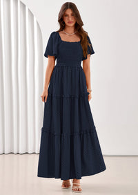 PRETTYGARDEN Summer Dresses for Women Boho Swiss Dot Smocked Square Neck Short Sleeve Spring Wedding Guest Maxi Dress PRETTYGARDEN