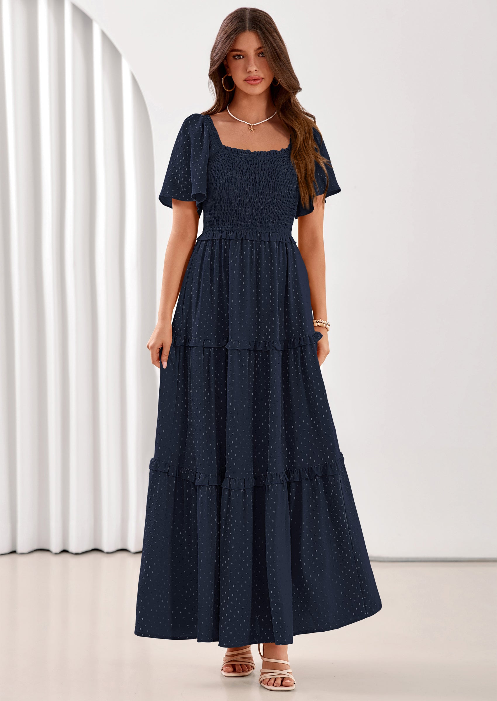 PRETTYGARDEN Summer Dresses for Women Boho Swiss Dot Smocked Square Neck Short Sleeve Spring Wedding Guest Maxi Dress PRETTYGARDEN