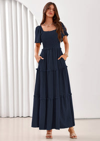 PRETTYGARDEN Summer Dresses for Women Boho Swiss Dot Smocked Square Neck Short Sleeve Spring Wedding Guest Maxi Dress PRETTYGARDEN