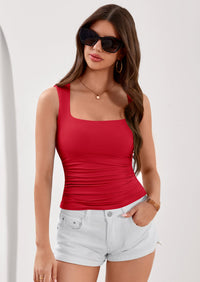 PRETTYGARDEN Tank Top for Women Summer Sleeveless Square Neck Double Lined Ruched Crop Tops Spring Going Out Y2k Clothes PRETTYGARDEN