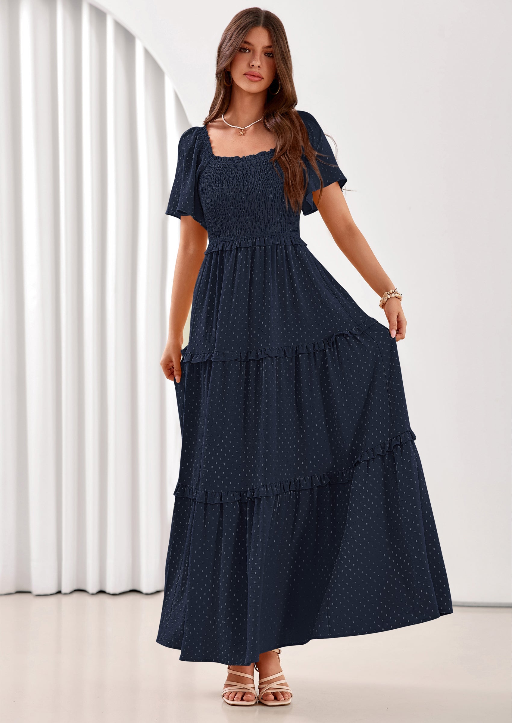 PRETTYGARDEN Summer Dresses for Women Boho Swiss Dot Smocked Square Neck Short Sleeve Spring Wedding Guest Maxi Dress PRETTYGARDEN