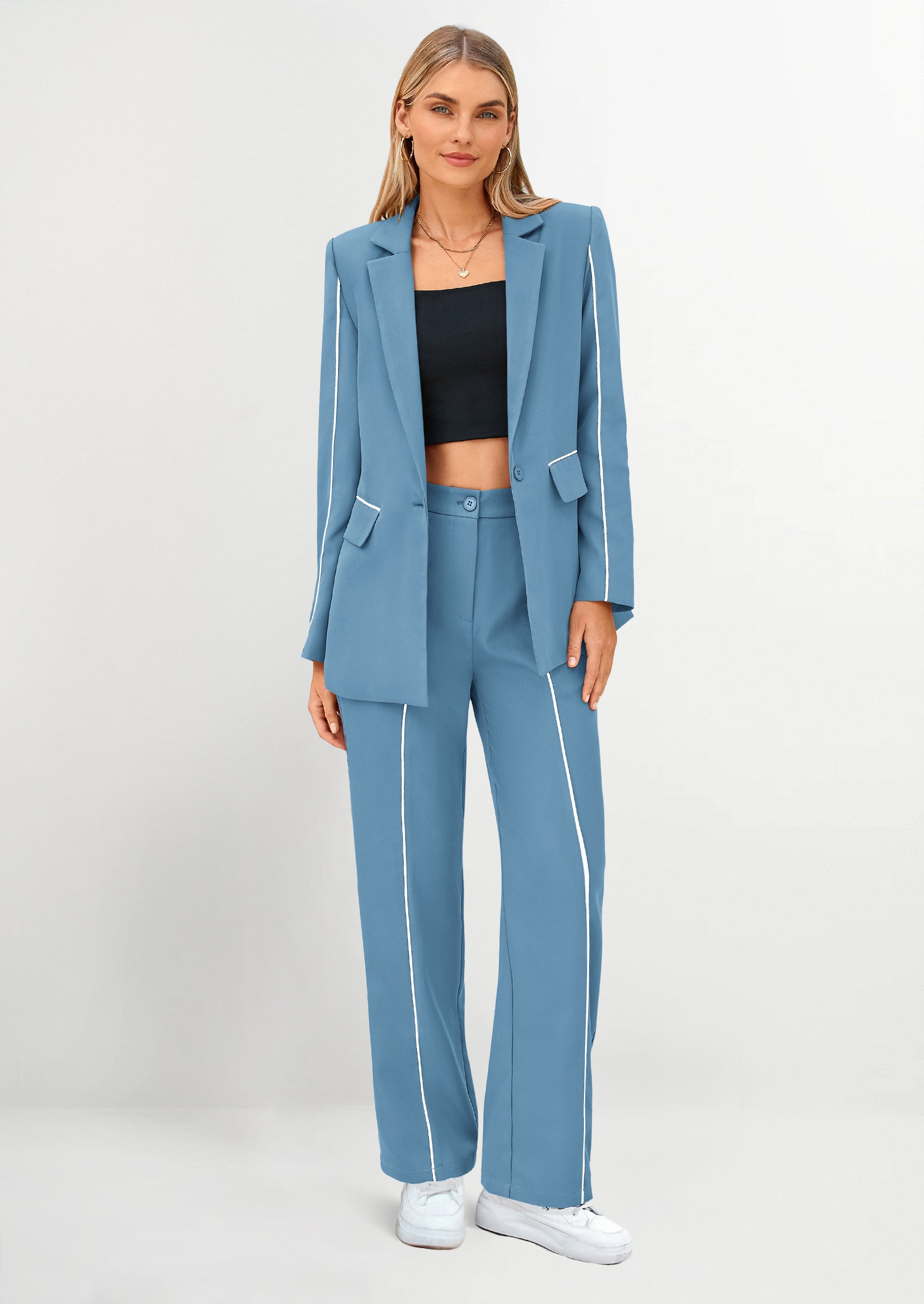 PRETTYGARDEN 2 Piece Blazer Outfits Business Casual Oversized Jacket Wide Leg Work Pants Dressy Suit Set