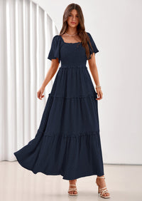 PRETTYGARDEN Summer Dresses for Women Boho Swiss Dot Smocked Square Neck Short Sleeve Spring Wedding Guest Maxi Dress PRETTYGARDEN