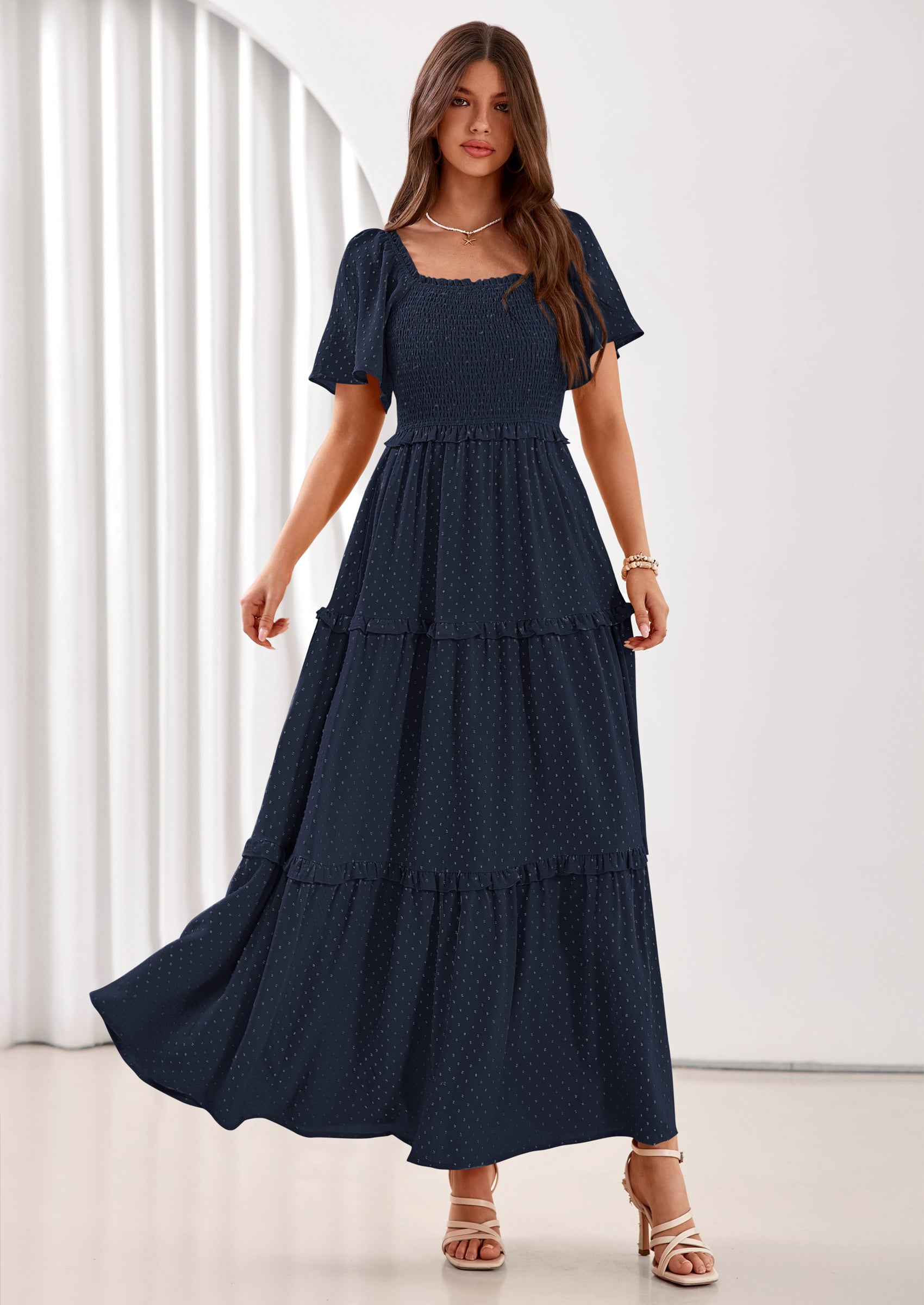 PRETTYGARDEN Summer Dresses for Women Boho Swiss Dot Smocked Square Neck Short Sleeve Spring Wedding Guest Maxi Dress PRETTYGARDEN