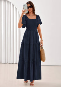 PRETTYGARDEN Summer Dresses for Women Boho Swiss Dot Smocked Square Neck Short Sleeve Spring Wedding Guest Maxi Dress PRETTYGARDEN