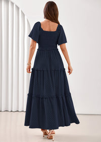 PRETTYGARDEN Summer Dresses for Women Boho Swiss Dot Smocked Square Neck Short Sleeve Spring Wedding Guest Maxi Dress PRETTYGARDEN