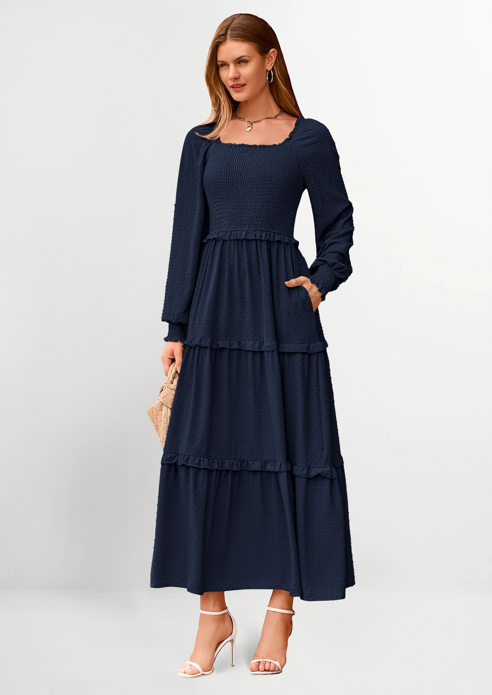 PRETTYGARDEN Women Fall Long Sleeve Smocked Maxi Dress Casual Square Neck Swiss Dot Tiered Ruffle Flowy Spring Pocket Dresses