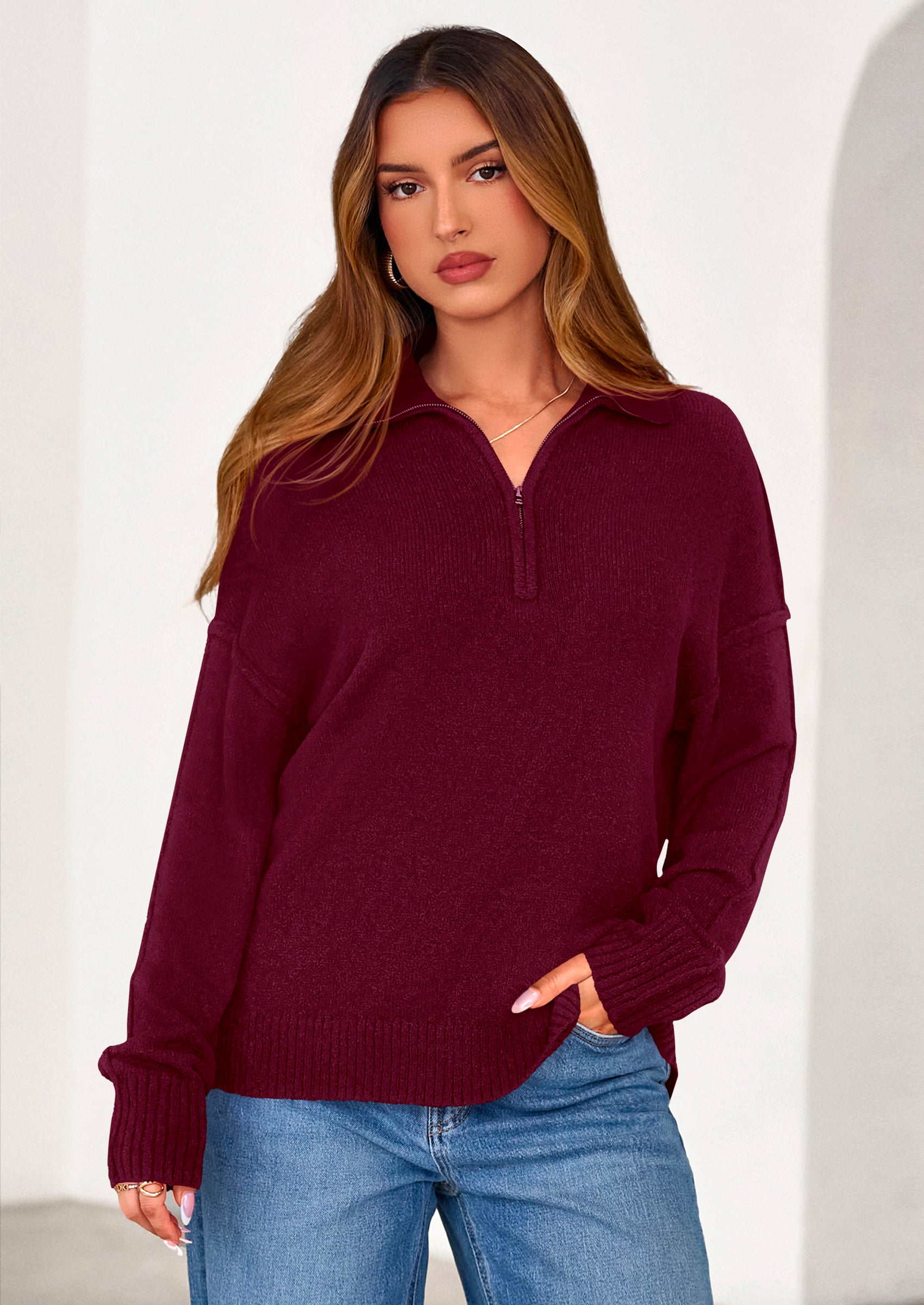 PRETTYGARDEN Womens Sweaters Quarter Zip Pullover Early Fall Fashion Long Sleeve V Neck Collared Knit Winter Jumper Tops