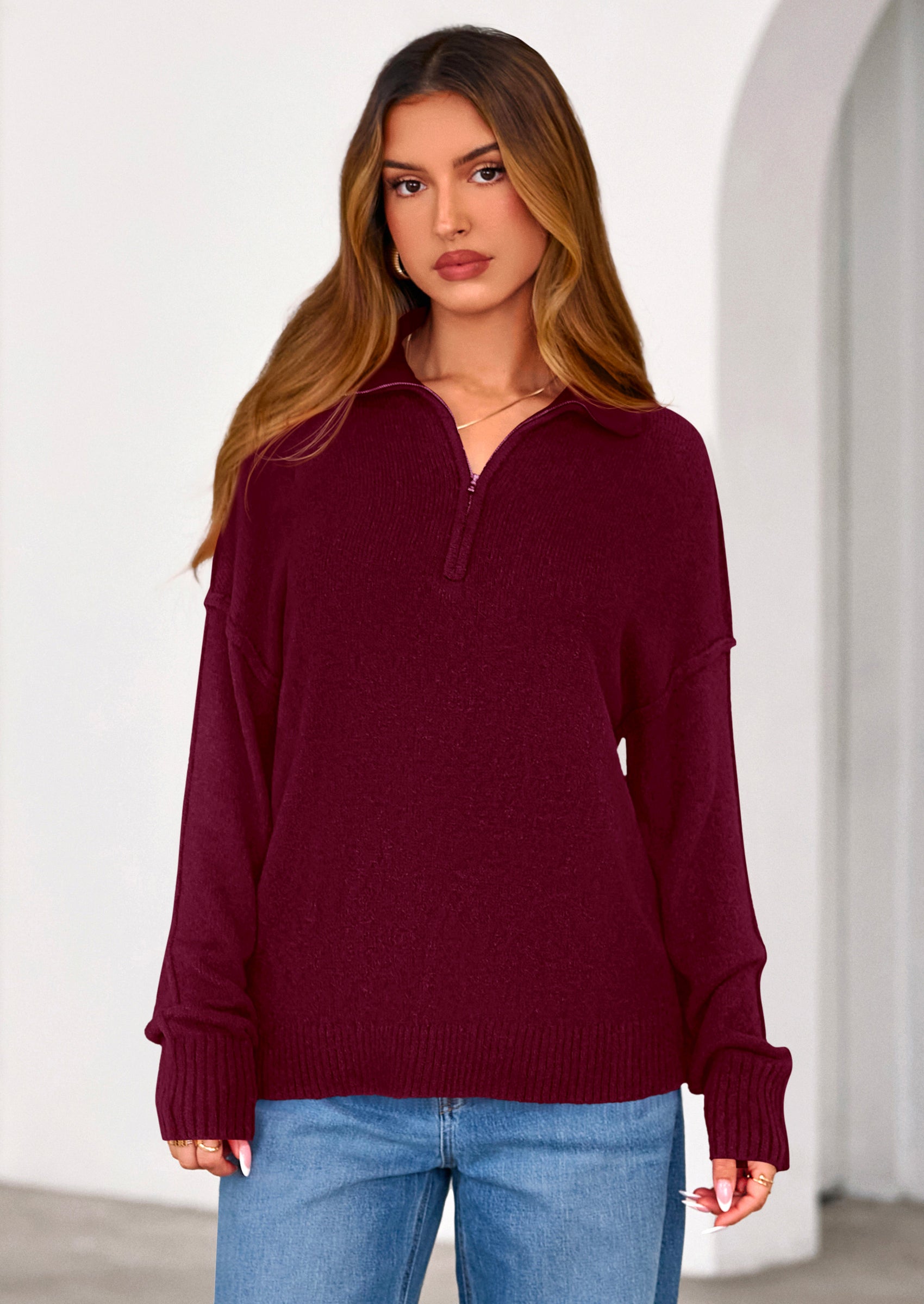 PRETTYGARDEN Womens Sweaters Quarter Zip Pullover Early Fall Fashion Long Sleeve V Neck Collared Knit Winter Jumper Tops