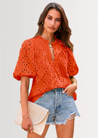 PRETTYGARDEN Women's Summer Short Sleeve Tops Dressy Casual Buttons V Neck Hollow Out Lace Embroidered Blouses Shirts