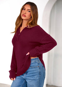 PRETTYGARDEN Womens Sweaters Quarter Zip Pullover Early Fall Fashion Long Sleeve V Neck Collared Knit Winter Jumper Tops